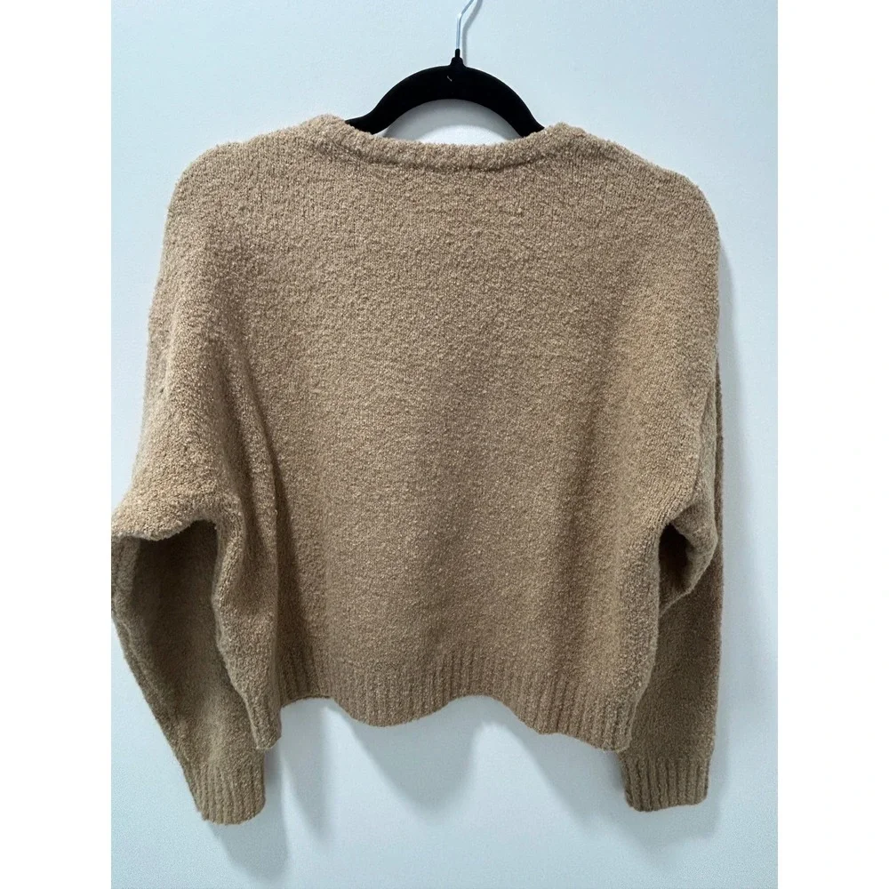 DKNY Jeans Womens Tan Boucle Knit Fuzzy Logo Crewneck Sweater Medium